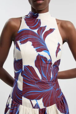 Robe Longue À Col Licou En Satin De Coton À Imprimé Floral Graphique