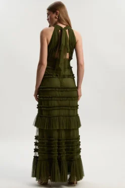 Robe Longue à Col Licou en Tulle à Volants
