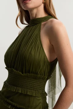 Robe Longue à Col Licou en Tulle à Volants