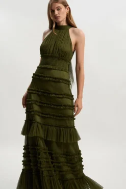 Robe Longue à Col Licou en Tulle à Volants