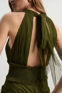 Robe Longue à Col Licou en Tulle à Volants