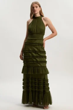 Robe Longue à Col Licou en Tulle à Volants