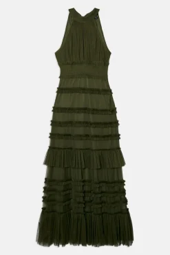 Robe Longue à Col Licou en Tulle à Volants
