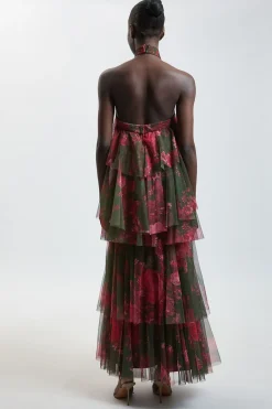 KarenMillen Robe Longue À Col Licou En Tulle Superposé À Imprimé Fleuri<Femme Toutes Les Robes|Robes