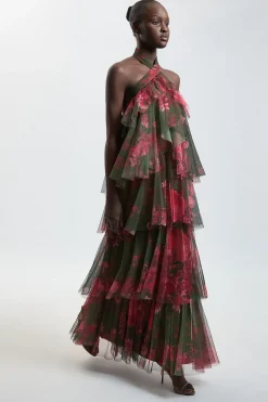 KarenMillen Robe Longue À Col Licou En Tulle Superposé À Imprimé Fleuri<Femme Toutes Les Robes|Robes