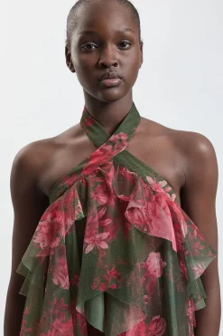 KarenMillen Robe Longue À Col Licou En Tulle Superposé À Imprimé Fleuri<Femme Toutes Les Robes|Robes