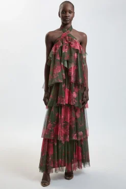 KarenMillen Robe Longue À Col Licou En Tulle Superposé À Imprimé Fleuri<Femme Toutes Les Robes|Robes