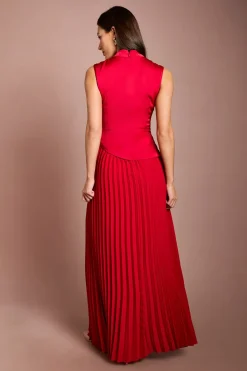 Robe Longue Col Montant Drapé Jupe Plissée
