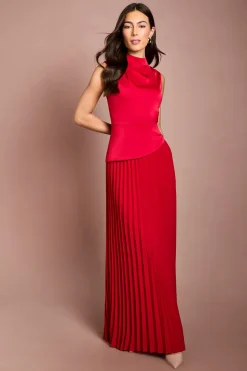 Robe Longue Col Montant Drapé Jupe Plissée
