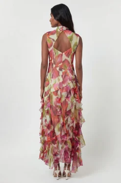 KarenMillen Robe Longue À Col Montant Perlé Imprimé Fleuri Froissé<Femme Toutes Les Robes|Robes Longues