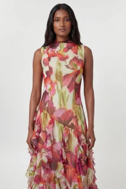 KarenMillen Robe Longue À Col Montant Perlé Imprimé Fleuri Froissé<Femme Toutes Les Robes|Robes Longues