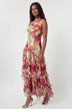 KarenMillen Robe Longue À Col Montant Perlé Imprimé Fleuri Froissé<Femme Toutes Les Robes|Robes Longues