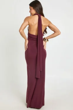Robe Longue Colonne Col Montant Avec Foulard Drapé À La Taille