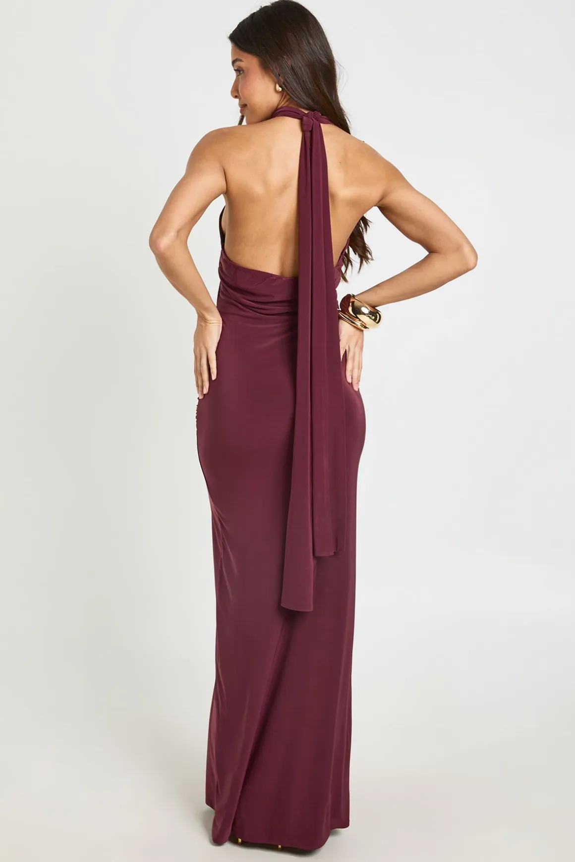 Robe Longue Colonne Col Montant Avec Foulard Drapé À La Taille