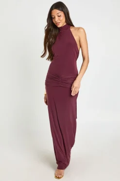 Robe Longue Colonne Col Montant Avec Foulard Drapé À La Taille