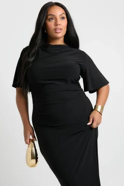 Robe Longue Colonne Grande Taille À Manches Ange Et Fronces Latérales