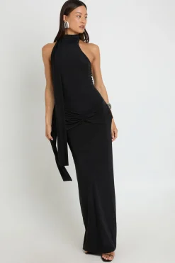Robe Longue Colonne Taille Haute Avec Col Montant Et Détail Foulard Drapé À La Taille