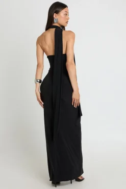 Robe Longue Colonne Taille Haute Avec Col Montant Et Détail Foulard Drapé À La Taille