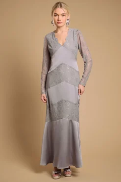 Robe Longue Col V Mélange Satin Dentelle