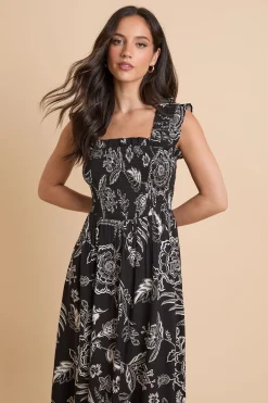 Robe Longue À Corsage Froncé Et Manches À Volants Imprimé Floral Monochrome