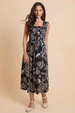 Robe Longue À Corsage Froncé Et Manches À Volants Imprimé Floral Monochrome