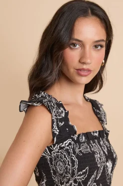 Robe Longue À Corsage Froncé Et Manches À Volants Imprimé Floral Monochrome