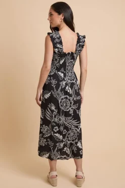 Robe Longue À Corsage Froncé Et Manches À Volants Imprimé Floral Monochrome