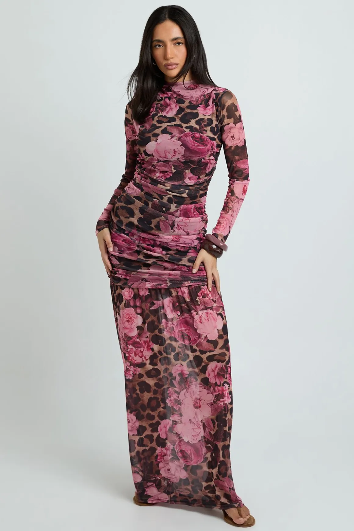 Robe Longue À Corsage Froncé Imprimé Léopard Et Fleurs