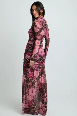 Robe Longue À Corsage Froncé Imprimé Léopard Et Fleurs