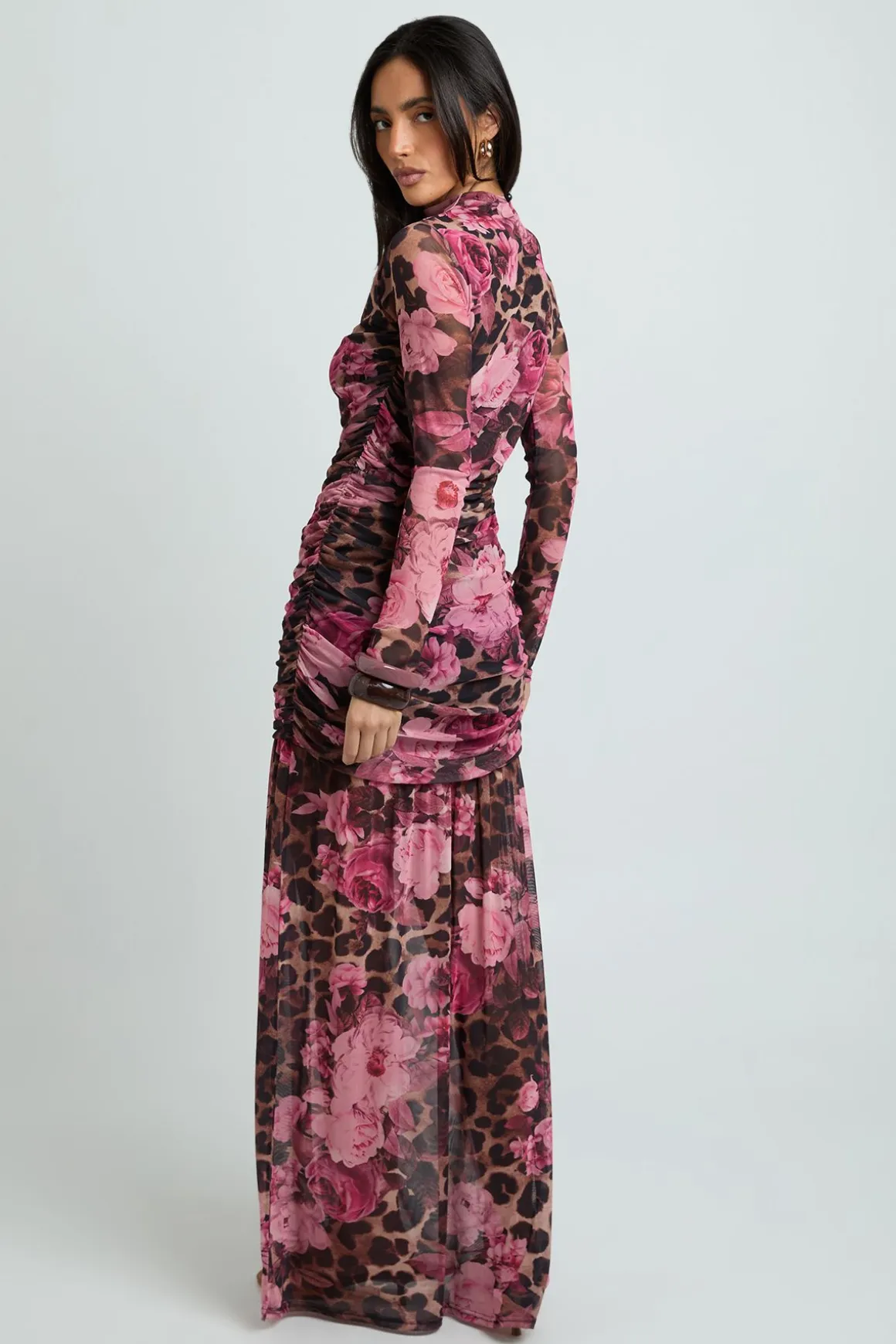 Robe Longue À Corsage Froncé Imprimé Léopard Et Fleurs