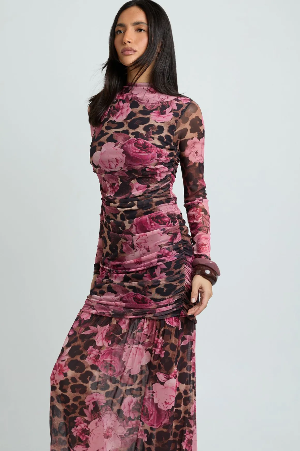 Robe Longue À Corsage Froncé Imprimé Léopard Et Fleurs