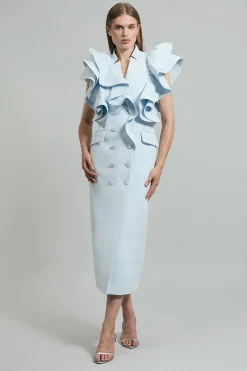 Robe Longue Crayon Ajustée Smoking À Volants Dramatiques