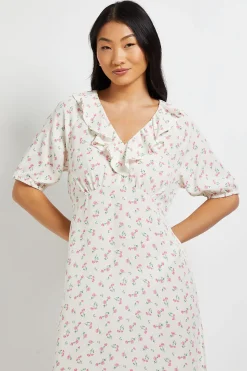 Robe Longue Crème À Imprimé Fleuri Ditsy Avec Col À Volants Et Manches Bouffantes Petite