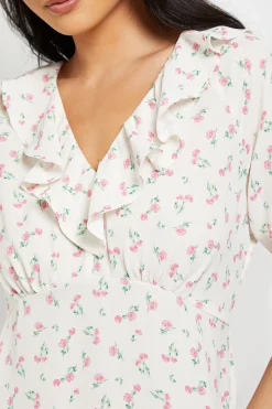 Robe Longue Crème À Imprimé Fleuri Ditsy Avec Col À Volants Et Manches Bouffantes Petite