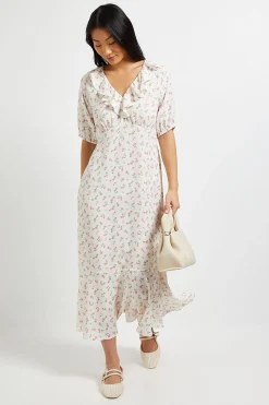 Robe Longue Crème À Imprimé Fleuri Ditsy Avec Col À Volants Et Manches Bouffantes Petite