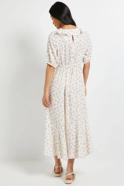 Robe Longue Crème À Imprimé Fleuri Ditsy Avec Col À Volants Et Manches Bouffantes Petite