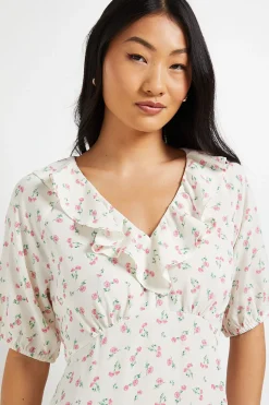 Robe Longue Crème À Imprimé Fleuri Ditsy Avec Col À Volants Et Manches Bouffantes Petite