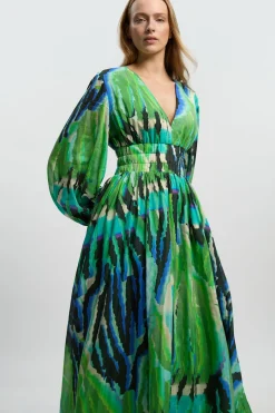KarenMillen Robe Longue Décolletée En Soie Et Coton À Imprimé Animal<Femme Robes À Manches Longues|Robes