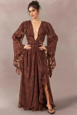 Robe Longue Décolleté Plongeant En Tissu Dévoré Tonal