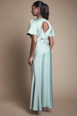 Robe Longue De Demoiselle D'honneur À Décolleté Plongeant Et Manches Évasées