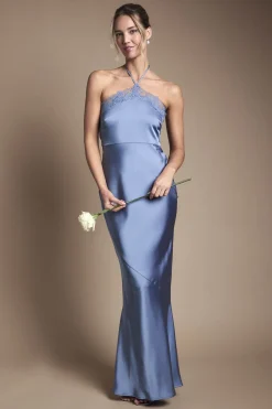 Robe Longue de Demoiselle d'Honneur en Satin avec Col Licou et Finitions en Dentelle