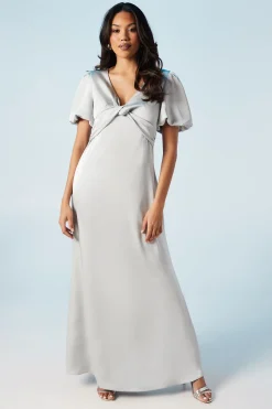 Robe Longue de Demoiselle d'Honneur en Satin avec Manches Bouffantes et Détail Torsadé