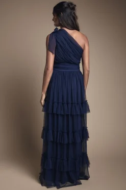 Robe Longue de Demoiselle d'Honneur Asymétrique en Maille Plissée à Volants