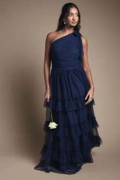 Robe Longue de Demoiselle d'Honneur Asymétrique en Maille Plissée à Volants