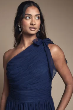 Robe Longue de Demoiselle d'Honneur Asymétrique en Maille Plissée à Volants