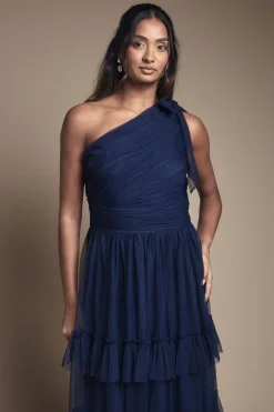 Robe Longue de Demoiselle d'Honneur Asymétrique en Maille Plissée à Volants