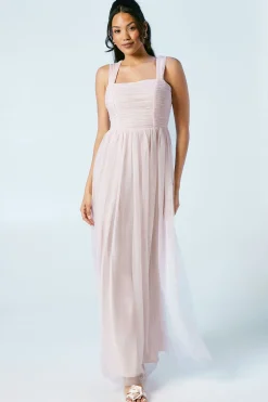 Robe Longue de Demoiselle d'Honneur en Maille à Encolure Carrée