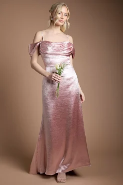 Robe Longue de Demoiselle d'Honneur à Col Bénitier et Tissu Brillant