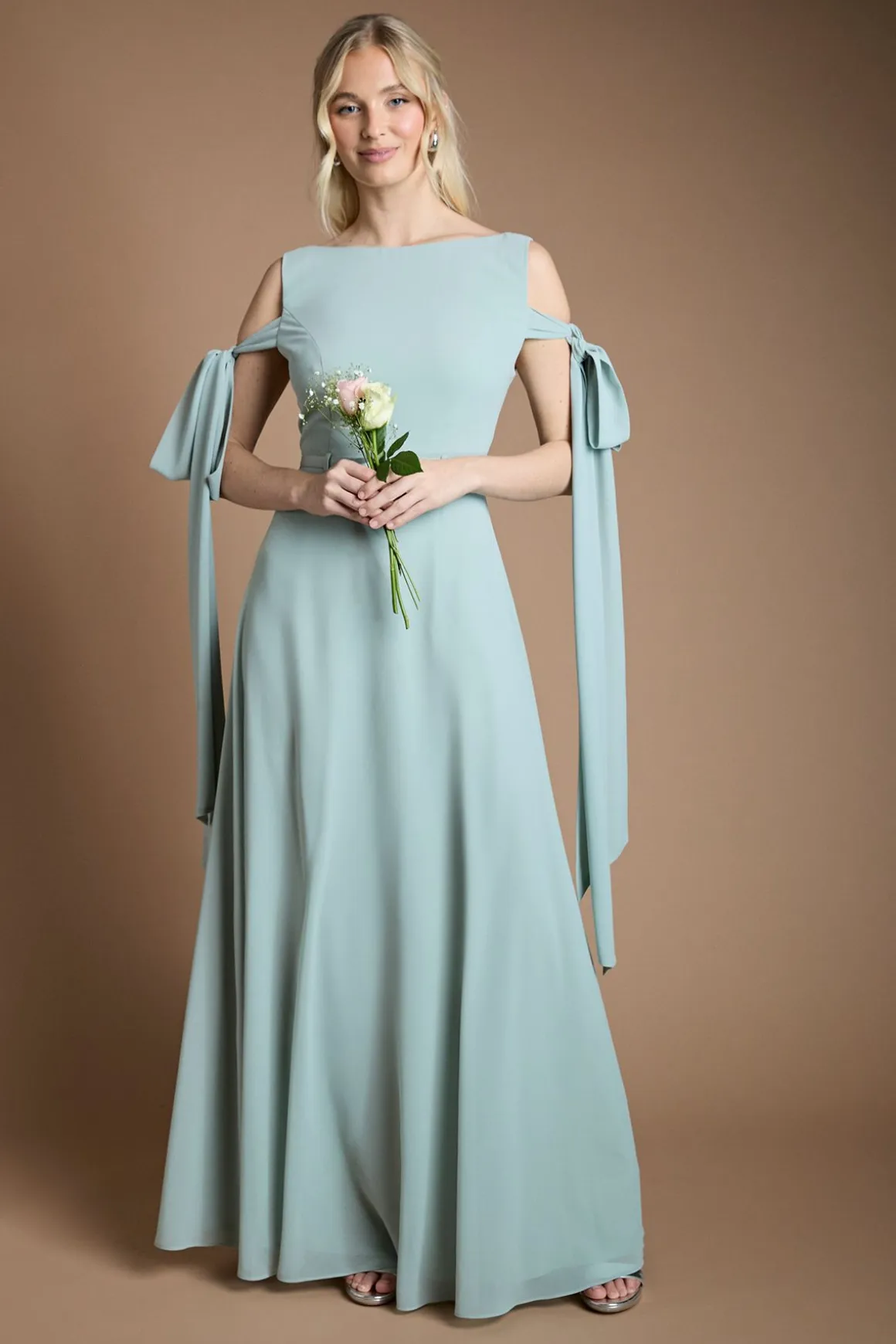 Robe Longue De Demoiselle D'honneur En Mousseline À Manches Nœud