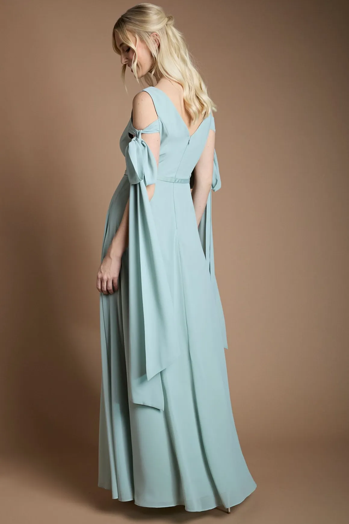 Robe Longue De Demoiselle D'honneur En Mousseline À Manches Nœud